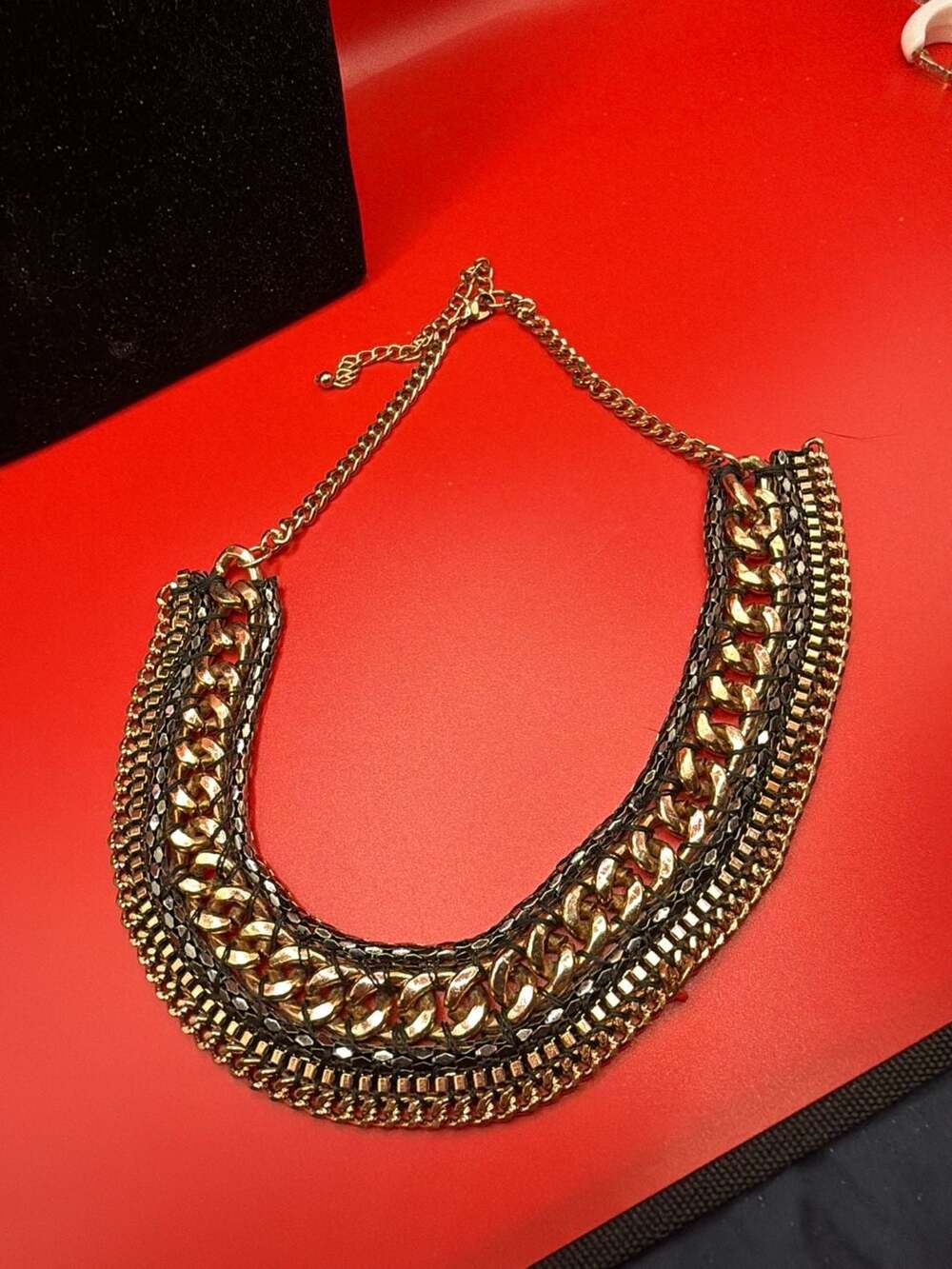 Layered Statement Necklace Multi-Chain Metal and Mesh Collar - Picture 5 of 7